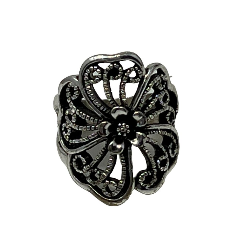 Flower Ring Silver Tone Large‎ Swirl Antiqued Metal Size 6
